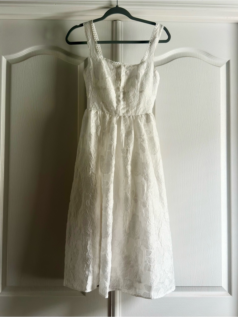 RIHOAS White Jacquard Shirred Slip Midi Dress XS